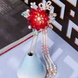 Chinese Red Flower Hairpins Clips Retro Hair Sticks Forks
