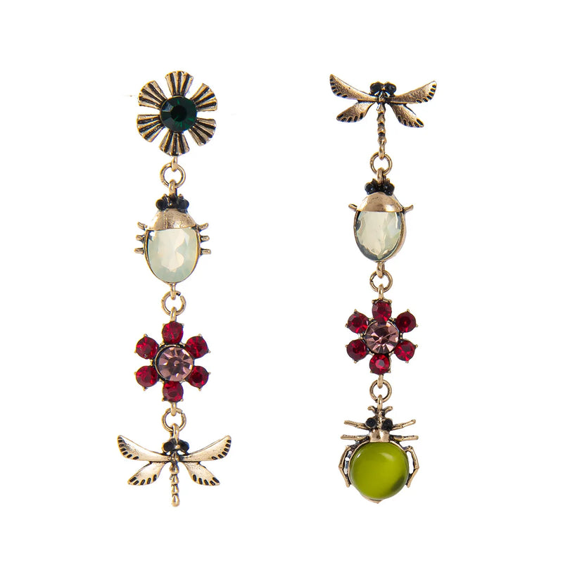 Vintage Plated Mismatch Linear Crystal Gemstone Insect Earrings