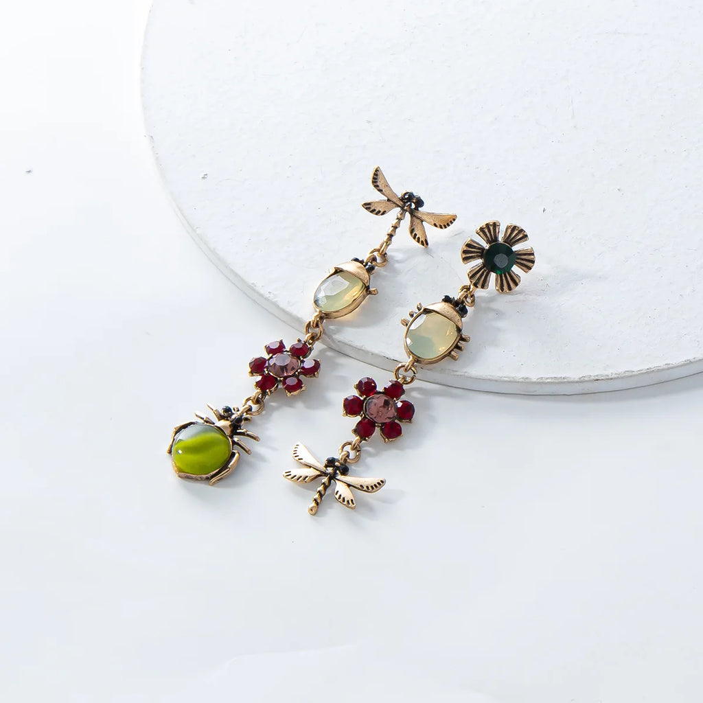 Vintage Plated Mismatch Linear Crystal Gemstone Insect Earrings