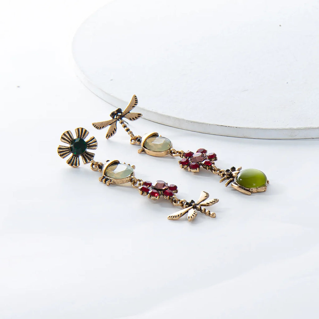 Vintage Plated Mismatch Linear Crystal Gemstone Insect Earrings