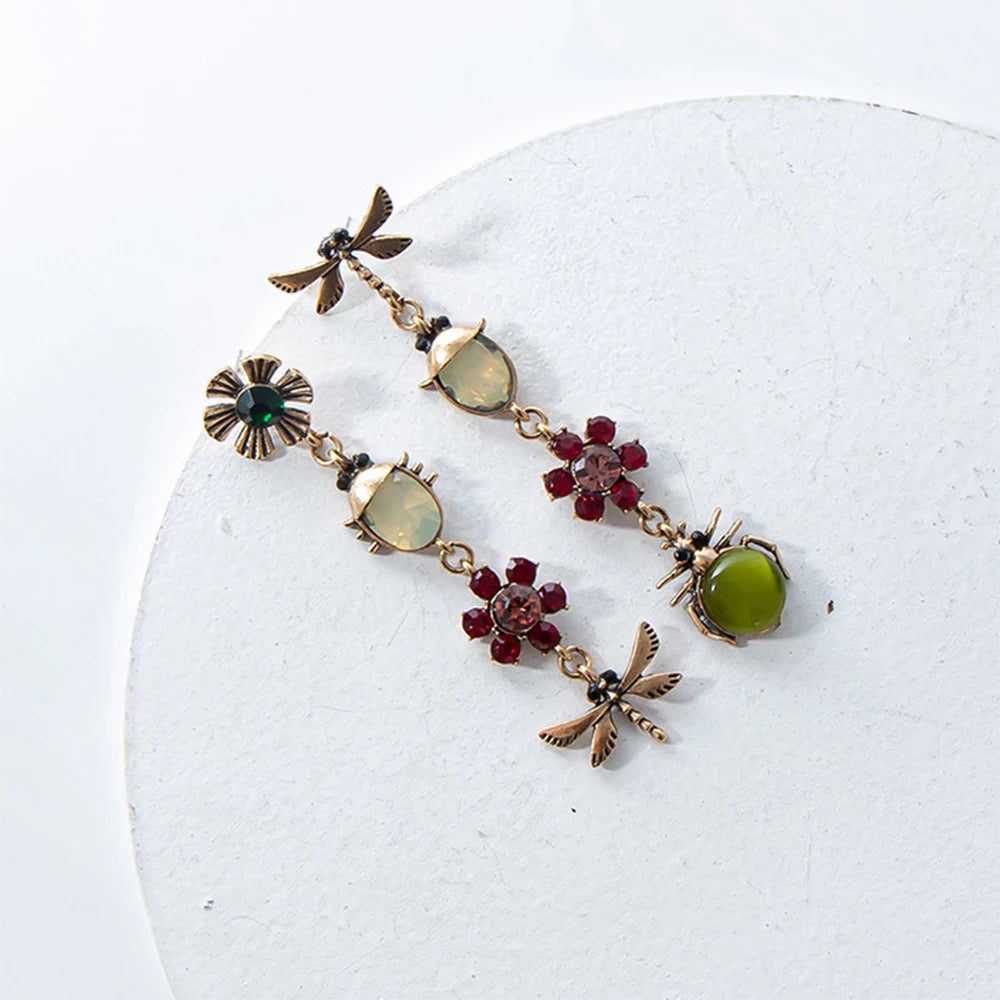 Vintage Plated Mismatch Linear Crystal Gemstone Insect Earrings
