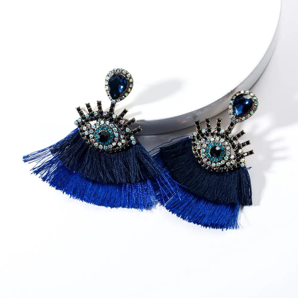 Yellow Tassel Crystal Flower Earrings for Women