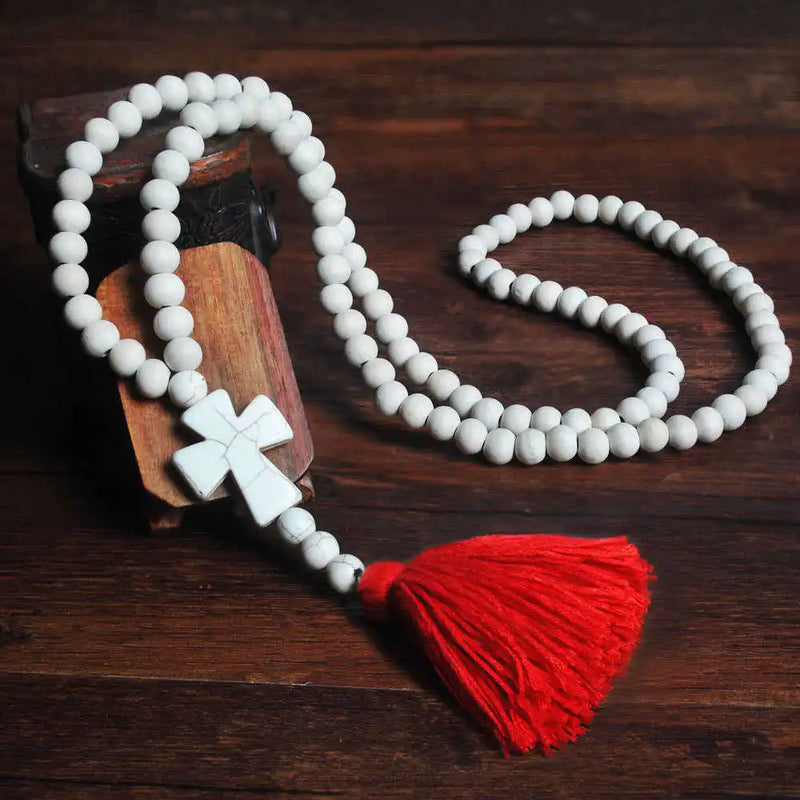 Long Wooden Beaded Tassel Necklace for Women