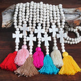 Long Wooden Beaded Tassel Necklace for Women