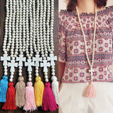 Long Wooden Beaded Tassel Necklace for Women