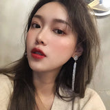 French Asymmetric Tassel Silver Earrings for Autumn Winter