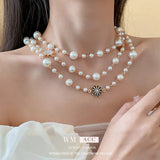 Long Pearl Flower Necklace Hollow Chain for Women