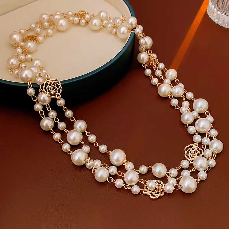 Long Pearl Flower Necklace Hollow Chain for Women