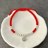 Longevity Symbols Bracelet 925 Sterling Silver Beaded Red Thread