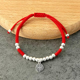 Longevity Symbols Bracelet 925 Sterling Silver Beaded Red Thread