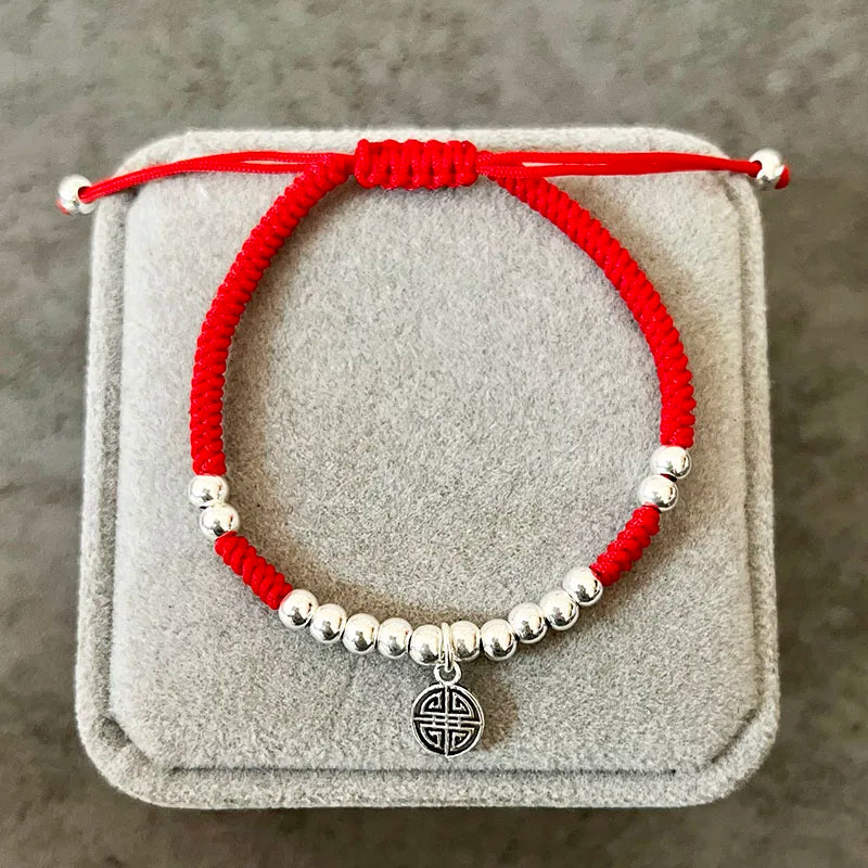 Longevity Symbols Bracelet 925 Sterling Silver Beaded Red Thread
