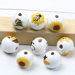 Wooden Beads 15mm Cartoon Bee Sunflower 10pcs