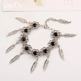 Retro Flower Inlaid Gemstone Leaf Bracelet European American Jewelry