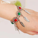 Retro Flower Inlaid Gemstone Leaf Bracelet European American Jewelry
