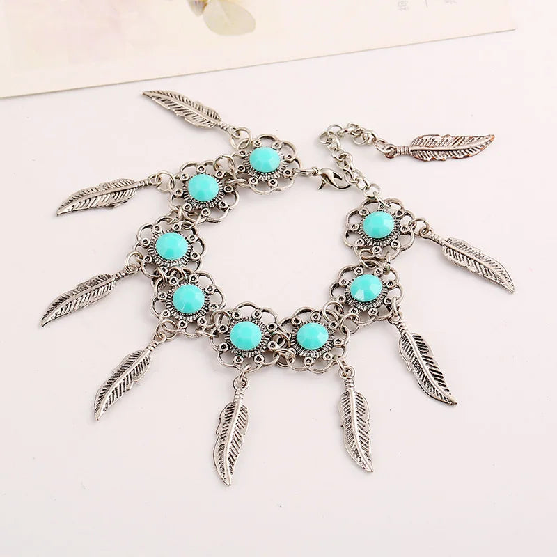 Retro Flower Inlaid Gemstone Leaf Bracelet European American Jewelry