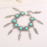 Retro Flower Inlaid Gemstone Leaf Bracelet European American Jewelry