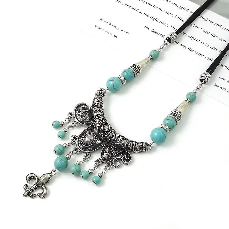 Ethnic Necklace Miao Silver Turquoise Tassel Jewelry