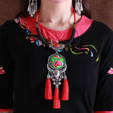 Ethnic Miao Necklaces Embroidery Ceramic Beads Tassels Leather Rope Bells