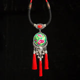 Ethnic Miao Necklaces Embroidery Ceramic Beads Tassels Leather Rope Bells