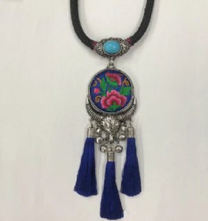 Ethnic Miao Necklaces Embroidery Ceramic Beads Tassels Leather Rope Bells