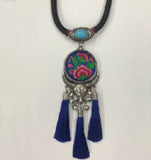 Ethnic Miao Necklaces Embroidery Ceramic Beads Tassels Leather Rope Bells
