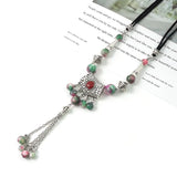 Boho Retro Miao Silver Necklace Turquoise Tassel Sweater Chain