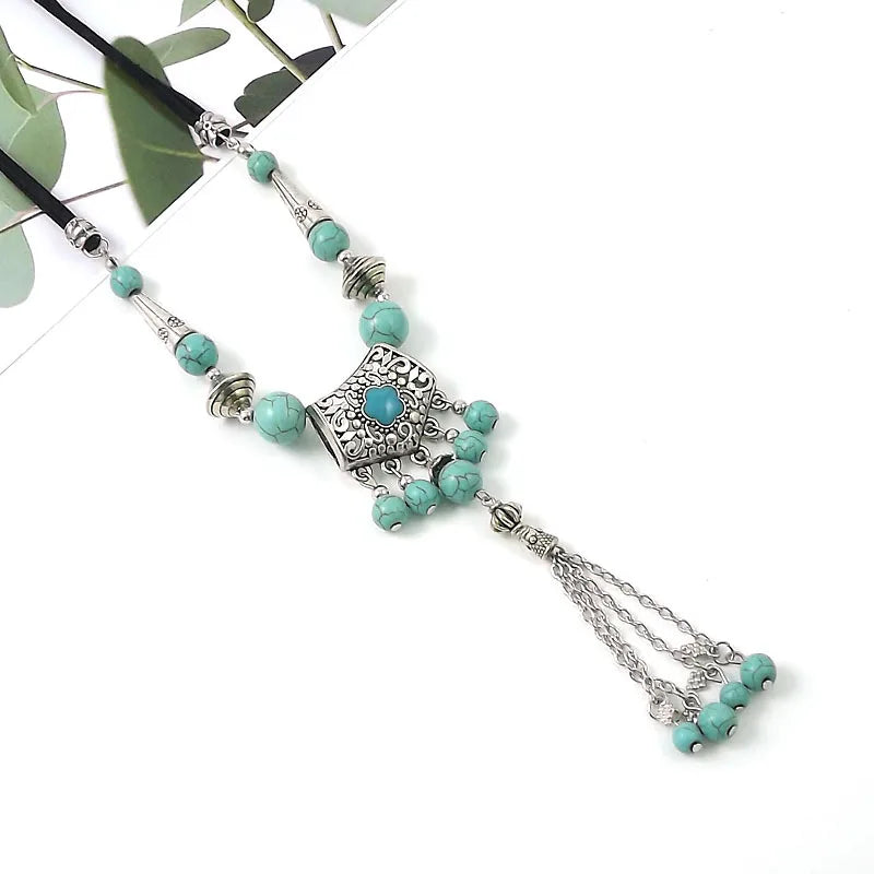 Boho Retro Miao Silver Necklace Turquoise Tassel Sweater Chain