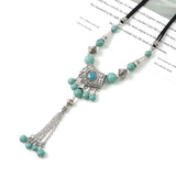 Boho Retro Miao Silver Necklace Turquoise Tassel Sweater Chain