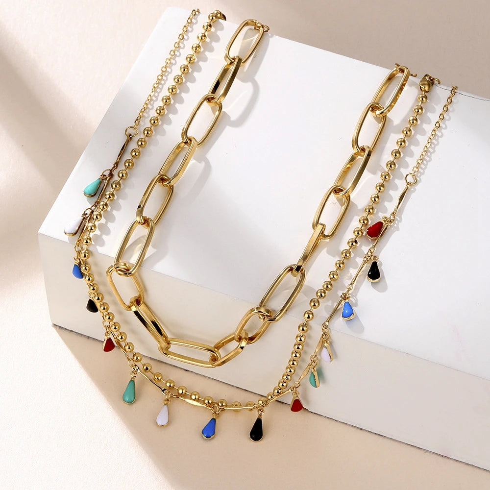 Colorful Water Drop Necklaces Multi-layers Chain Torques Necklaces