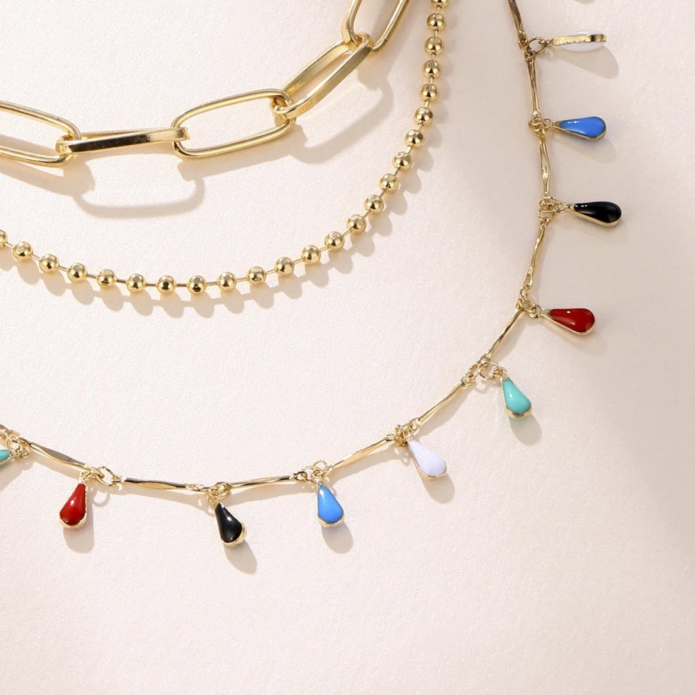 Colorful Water Drop Necklaces Multi-layers Chain Torques Necklaces