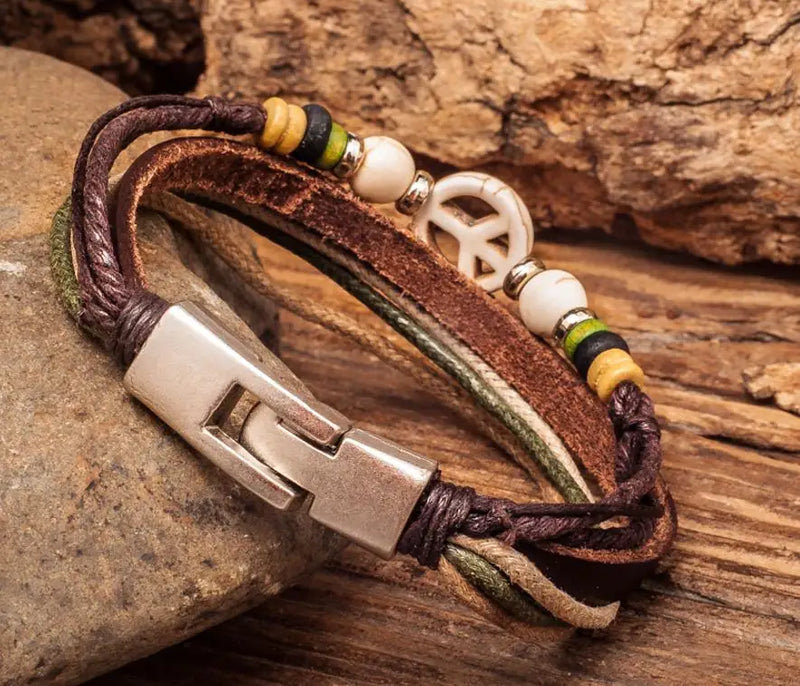Surfer Peace Men's Multilayer Friendship Bracelet Handcraft Wood Beads