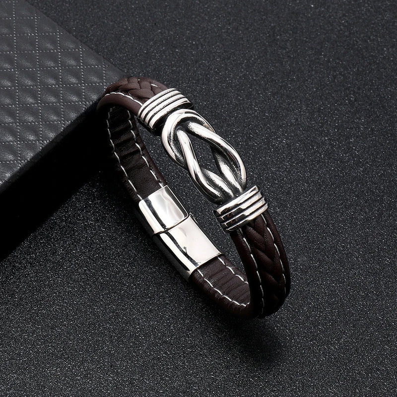 2Pcs Punk Men's Hand-woven Leather Magnetic Bracelet