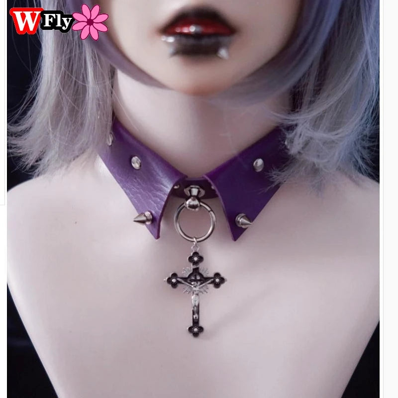 Spice Girl Necklace Collar Cross Pendant Rivet Gothic Punk Lolita Choker