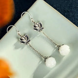 Vintage 925 Silver Hetian Jade Long Earrings Antique Finish