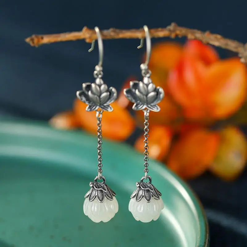 925 Silver Hetian Jade Antique Earrings Vintage Style Long Earrings