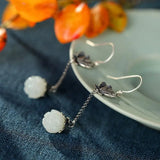 925 Silver Hetian Jade Antique Earrings Vintage Style Long Earrings