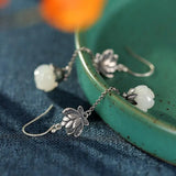 Vintage 925 Silver Hetian Jade Long Earrings Antique Finish