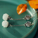 Vintage 925 Silver Hetian Jade Long Earrings Antique Finish