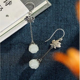 Vintage 925 Silver Hetian Jade Long Earrings Antique Finish