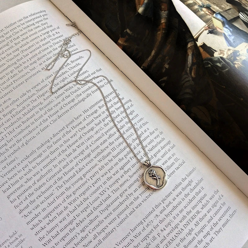 925 Silver Vintage Rose Flower Pendant Necklace for Women