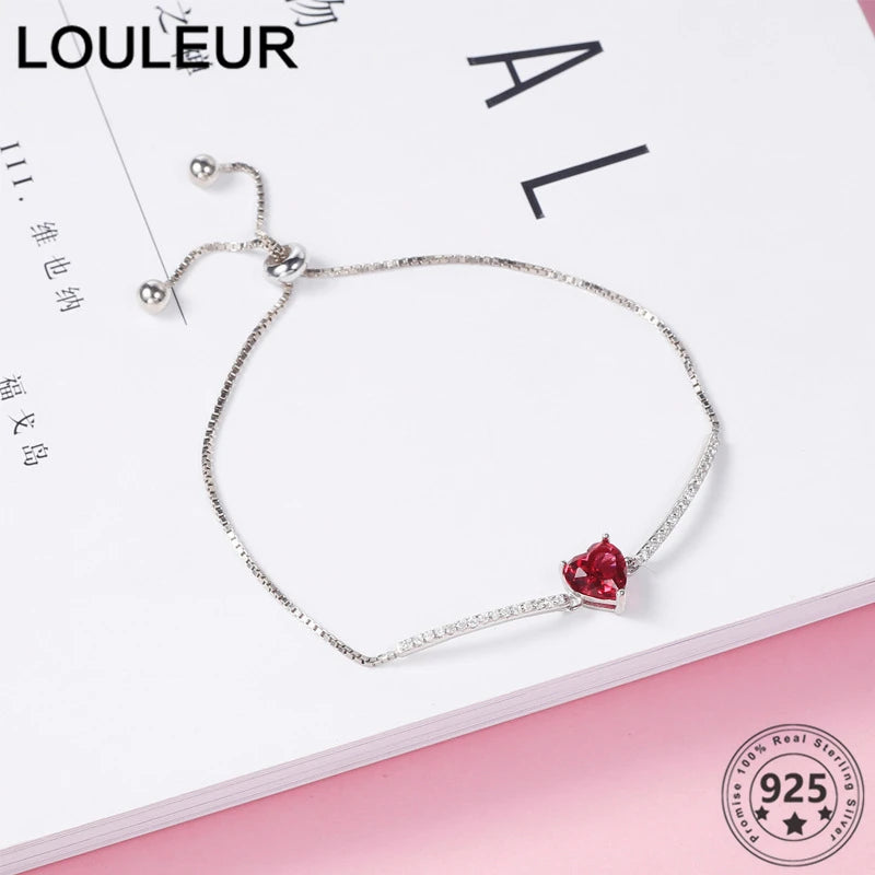 925 Silver Heart Red Zircon Bracelet Adjustable for Women