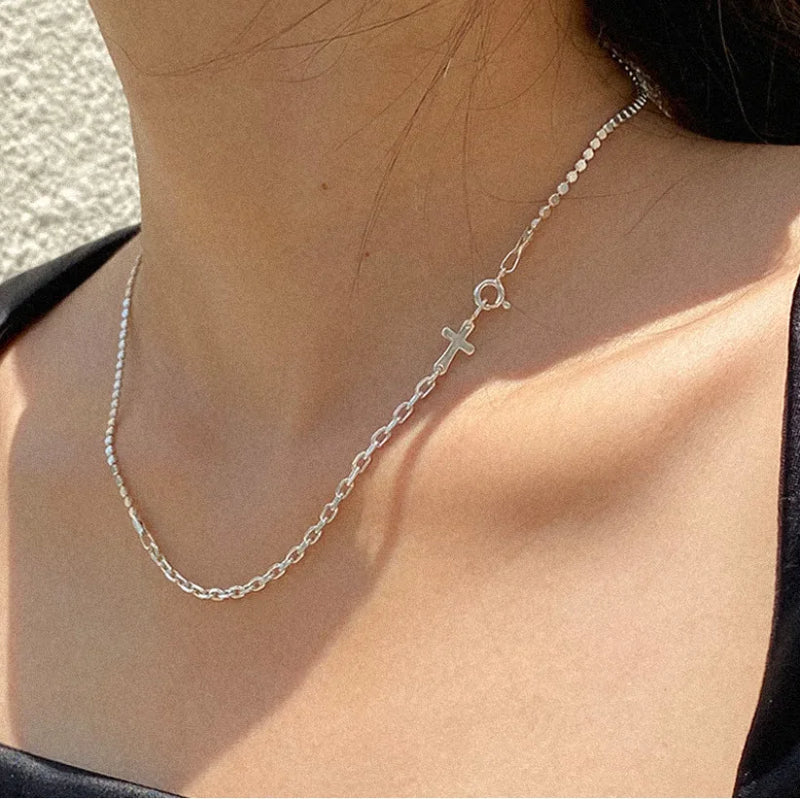 925 Silver Cross Chain Choker Necklace for Women