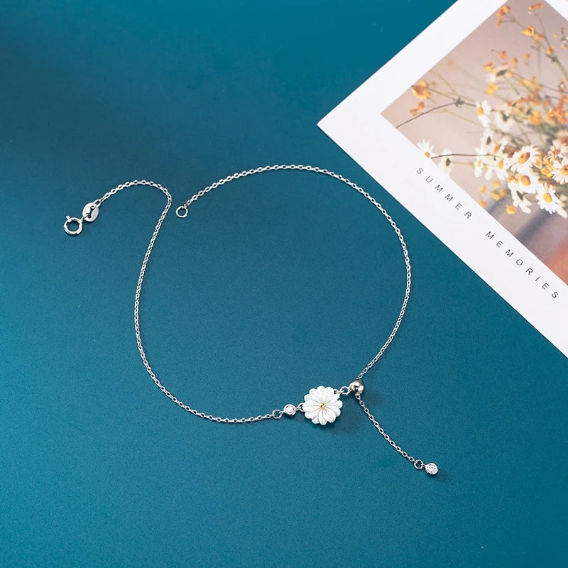 Real 925 Sterling Silver Daisy Anklets for Women Summer Fine Jewelry