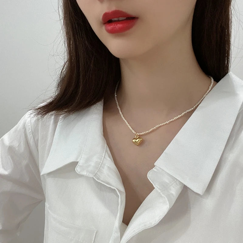 925 Silver Vintage Freshwater Pearl Necklace High Heart/Shell Necklace for Women