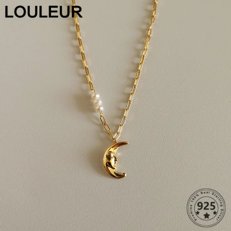 925 Silver Baroque Pearl Moon Pendant Necklace