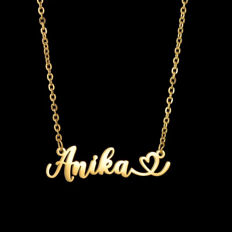 Love Chain Name Necklace Stainless Steel Heart Nameplate Pendant Necklace