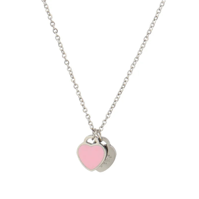 Double Heart Enamel Forever Love Necklace Pendant Chain Choker