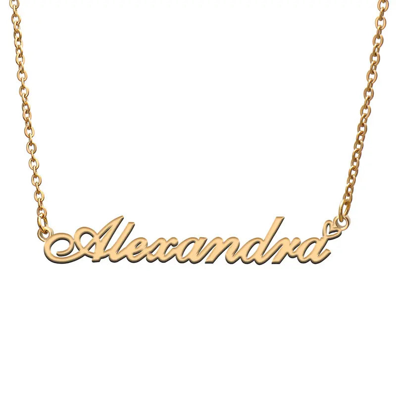 Love Heart Alexandra Name Necklace Stainless Steel & Silver Nameplate Pendant