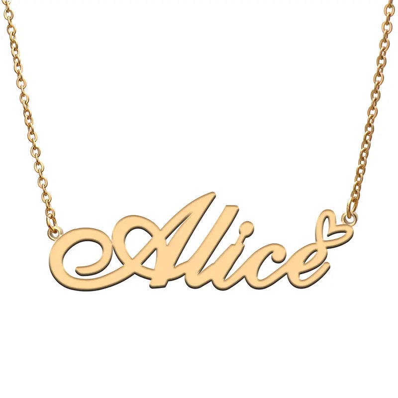 Love Heart Alice Name Necklace Stainless Steel & Silver Nameplate Pendant