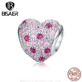 925 Silver Pink CZ Love Heart Bead Charm for Bracelets